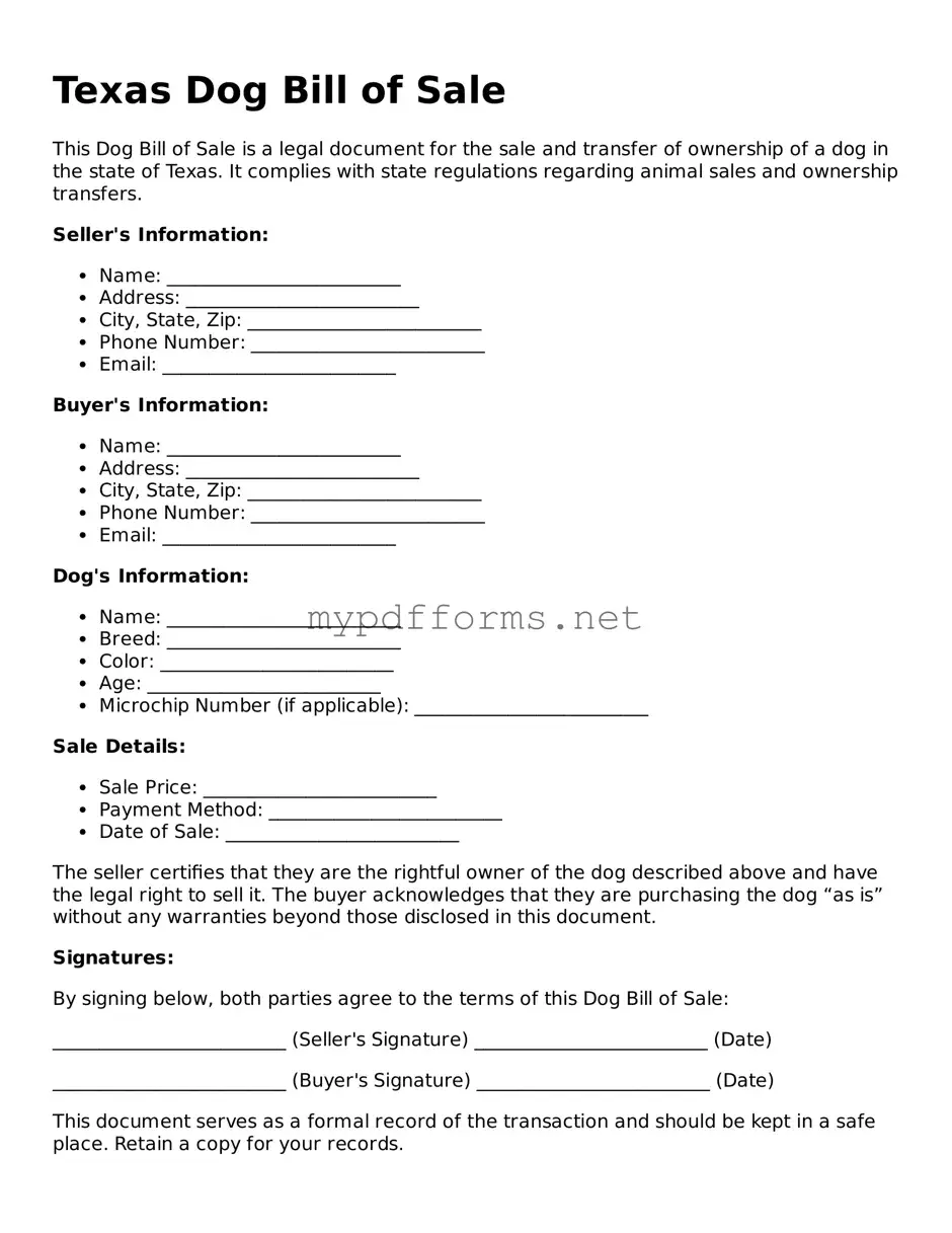 Attorney-Verified  Dog Bill of Sale Document for Texas