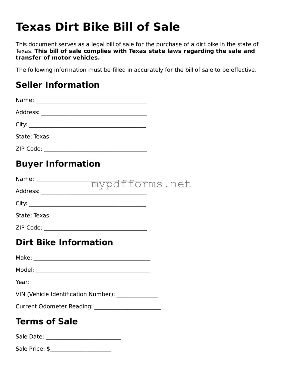 Attorney-Verified  Dirt Bike Bill of Sale Document for Texas