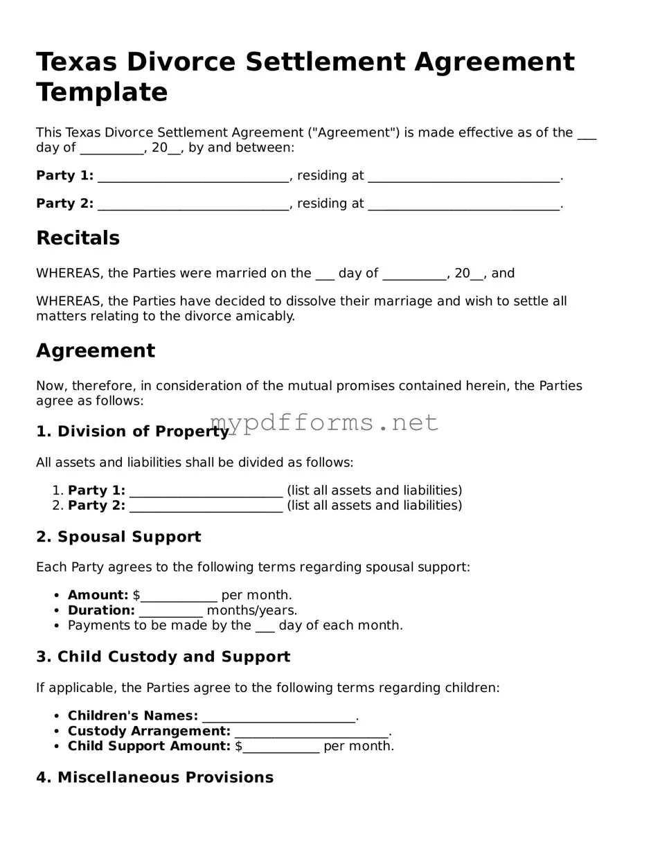 Attorney-Verified  Divorce Settlement Agreement Document for Texas