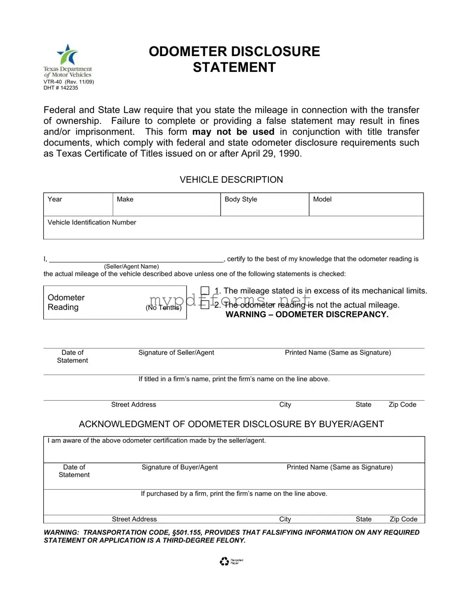 Get Texas Odometer Statement Form in PDF