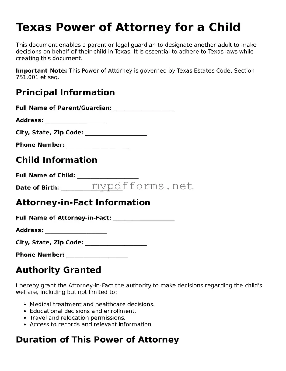 Attorney-Verified  Power of Attorney for a Child Document for Texas