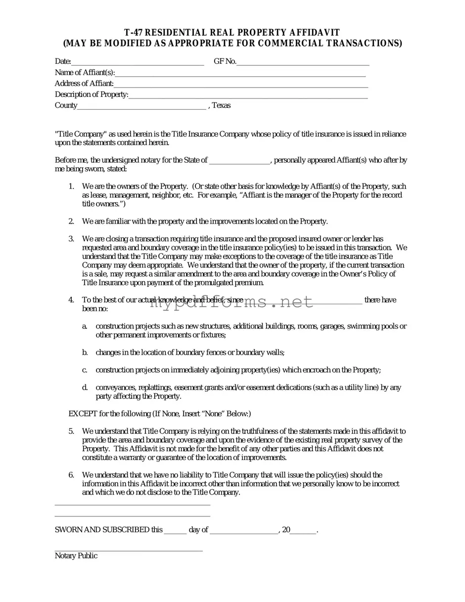 Get Texas residential property affidavit T-47 Form in PDF