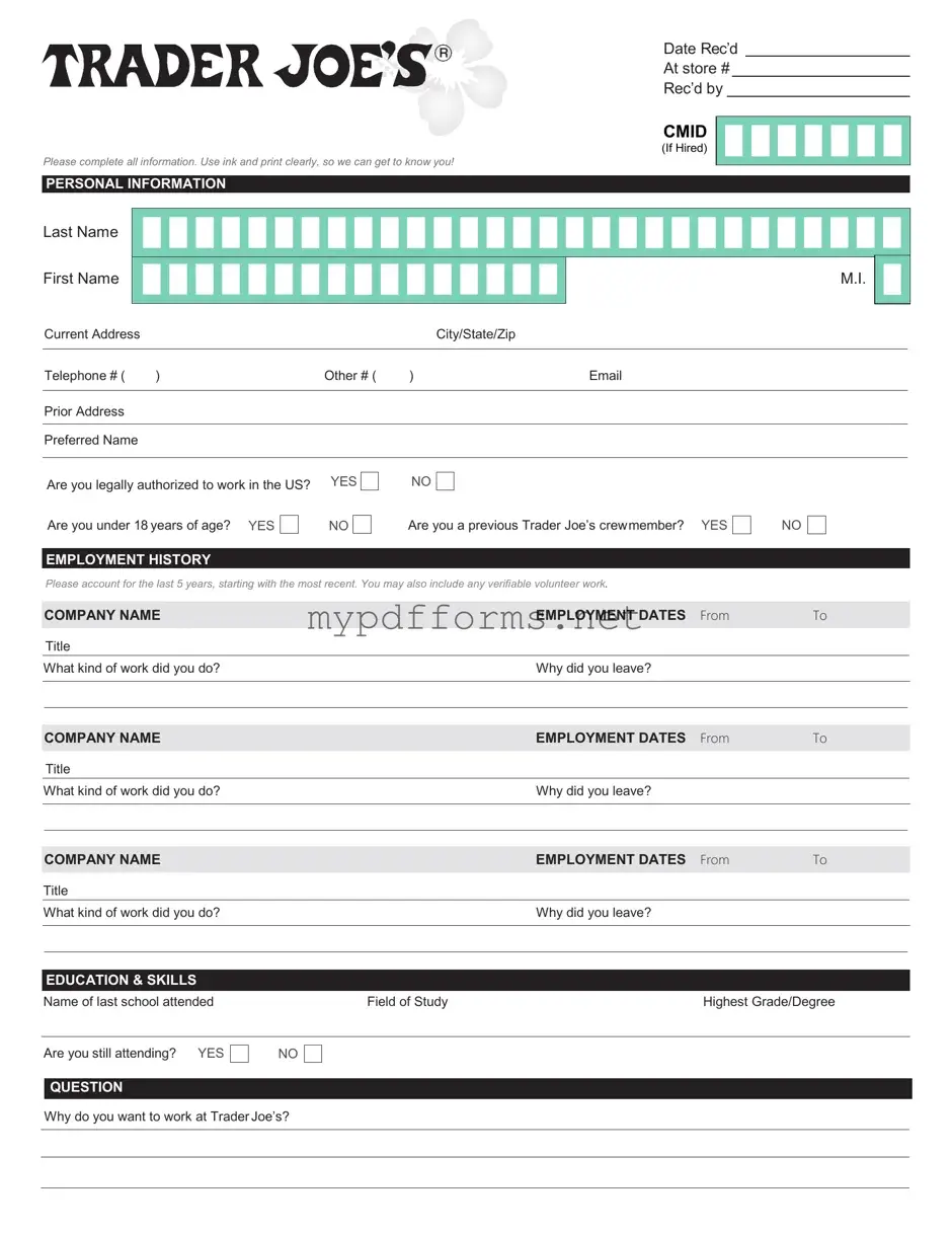 Get Trader Joe's application Form in PDF