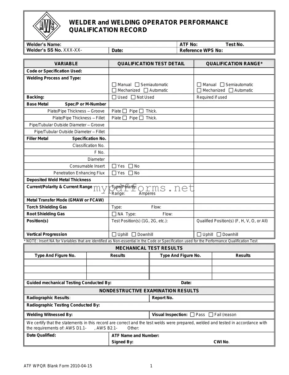 Get Welder Performance Qualification Record Form in PDF