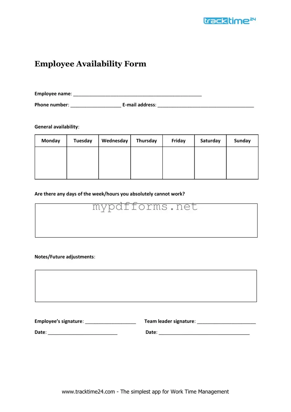 Get Employee Availability Form in PDF